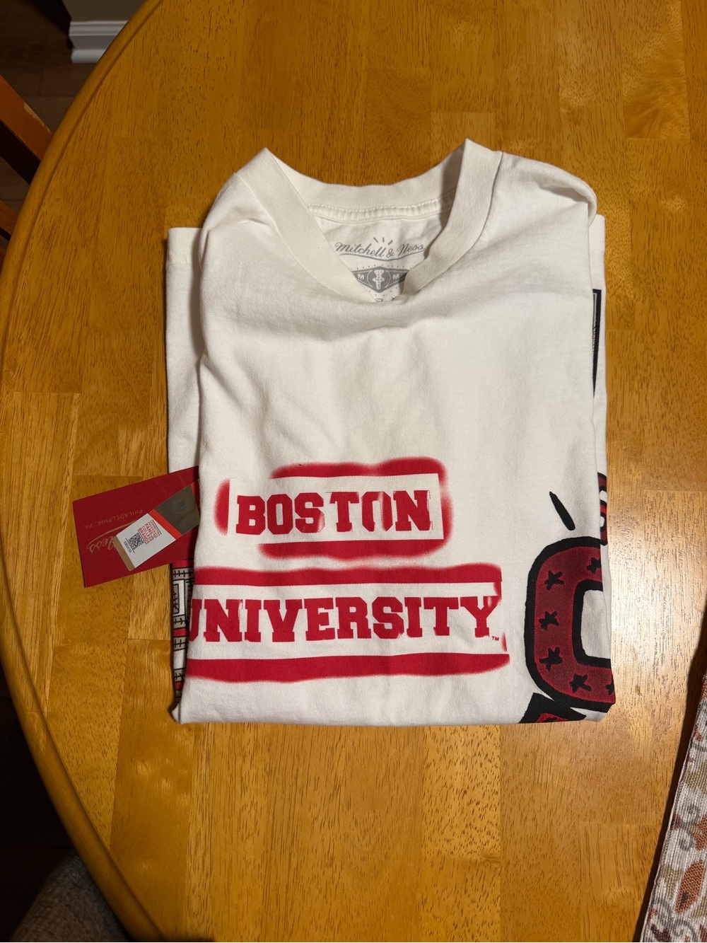 Mitchell & Ness White T-Shirt with Red Boston University Print